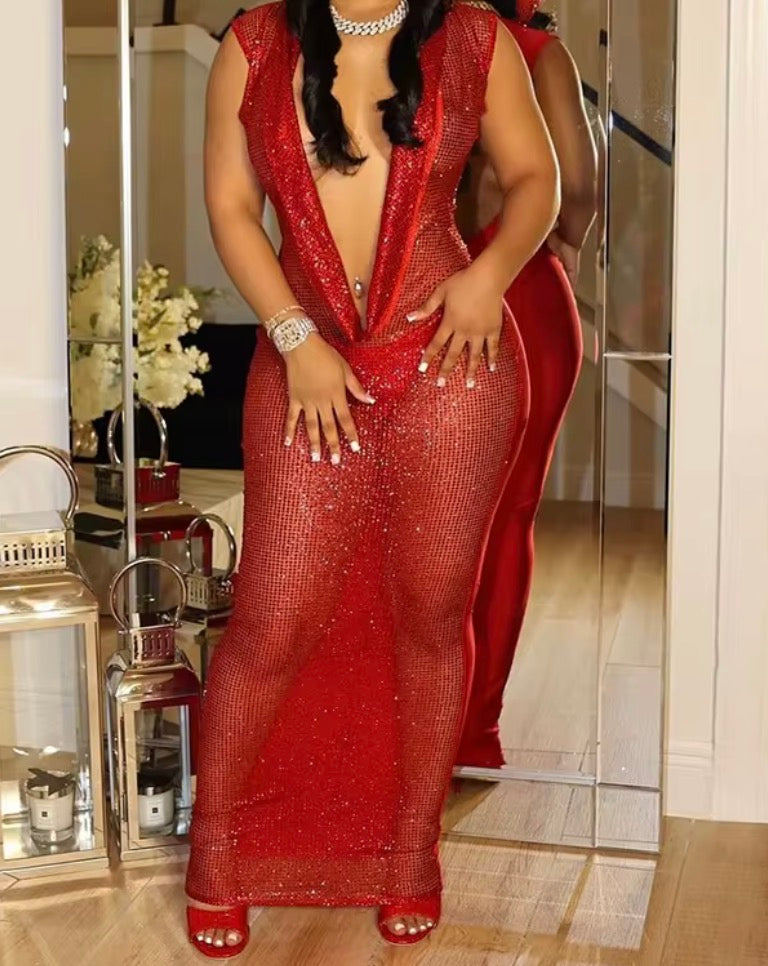 Red Velvet Glam Hooded Bodycon Maxi Dress