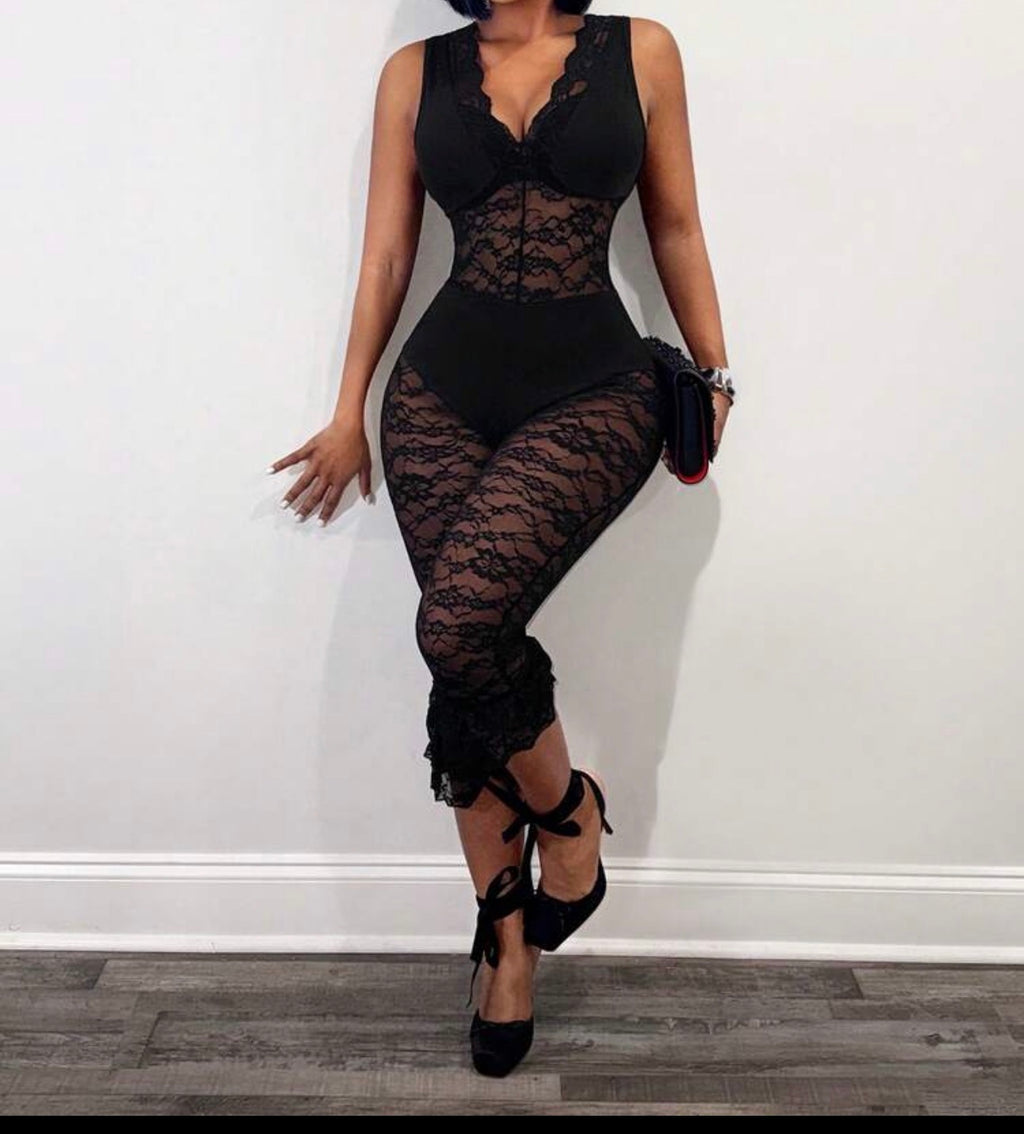 After Dark Sheer Lace Deep-V Jumpsuit
