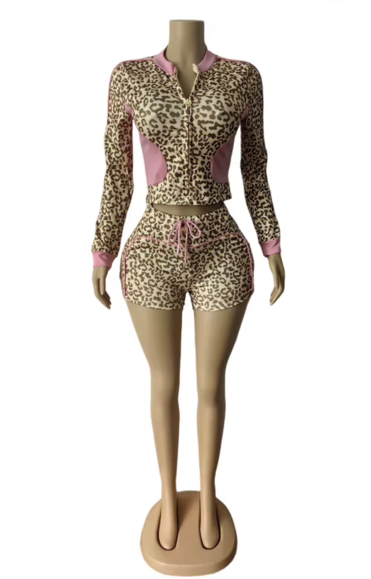 Leopard print crop jacket shorts two piece set