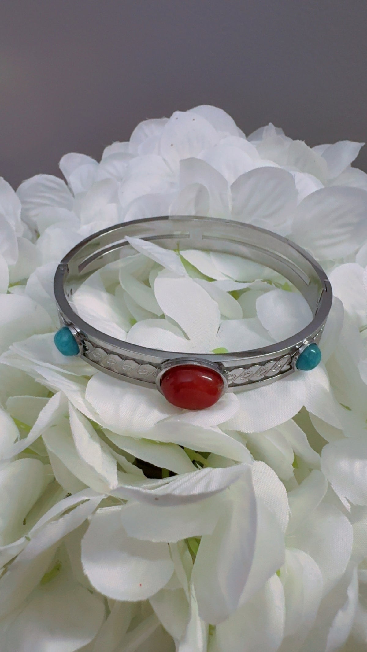 Silver-Tone Bracelet with Red & Turquoise Stones