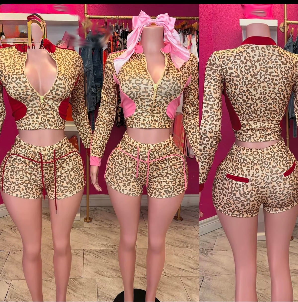 Leopard print crop jacket shorts two piece set