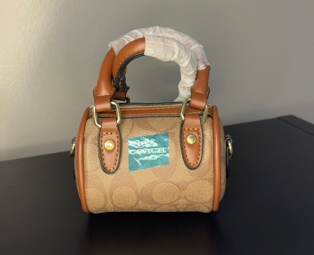 Coach Brown Signature Mini Barrel Bag with Gold Chain