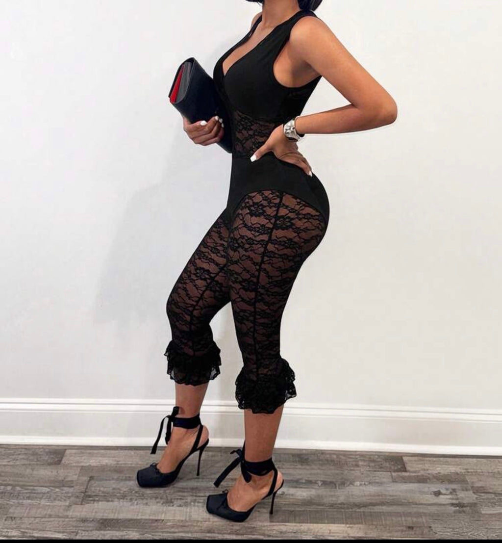After Dark Sheer Lace Deep-V Jumpsuit