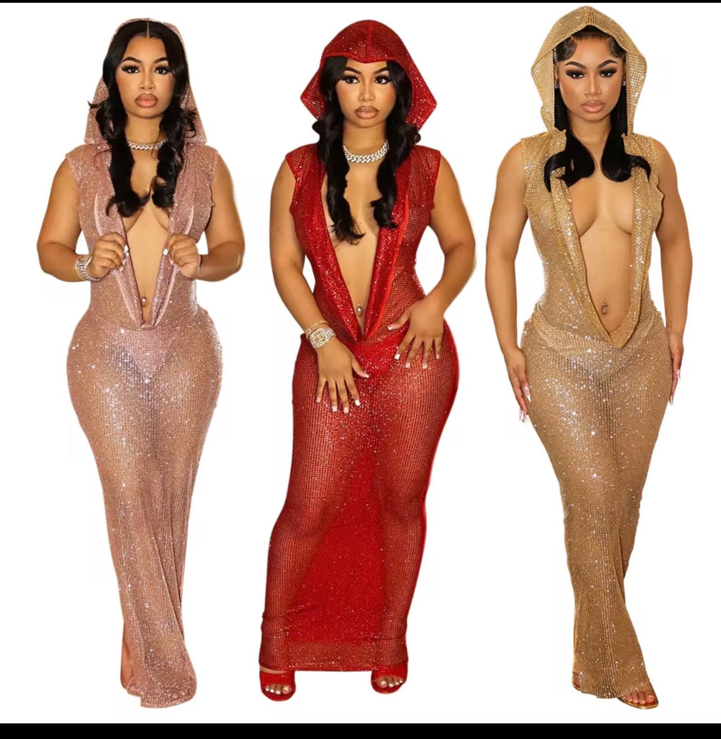 Golden Hour Rhinestone Mesh Open-Back Maxi Dress