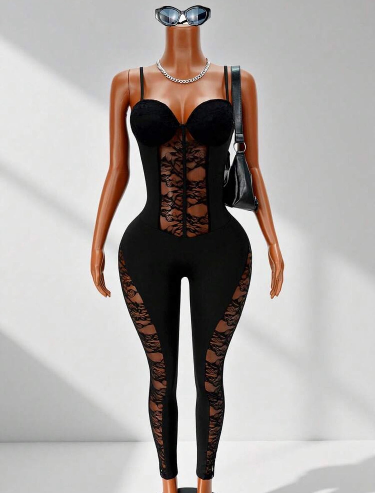 Noir Lace Patchwork Slim-Leg Jumpsuit