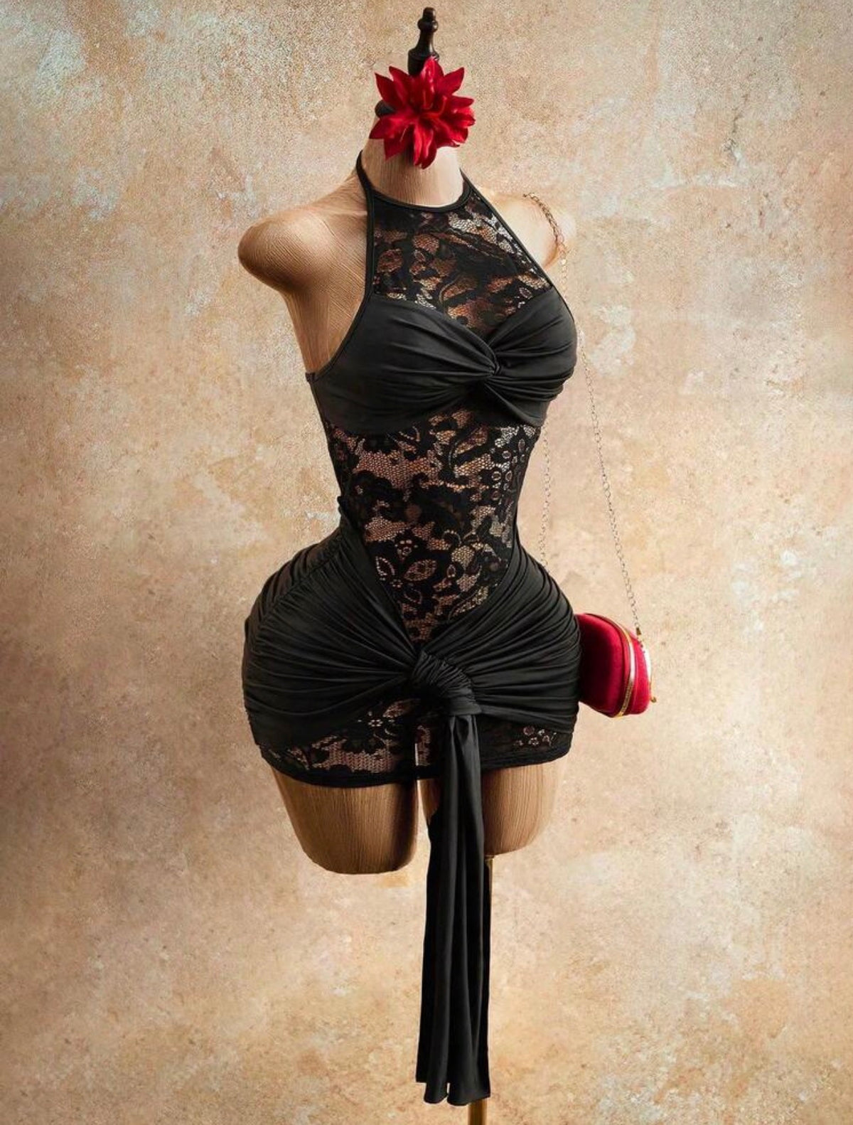 Midnight Lace Halter Mini Dress