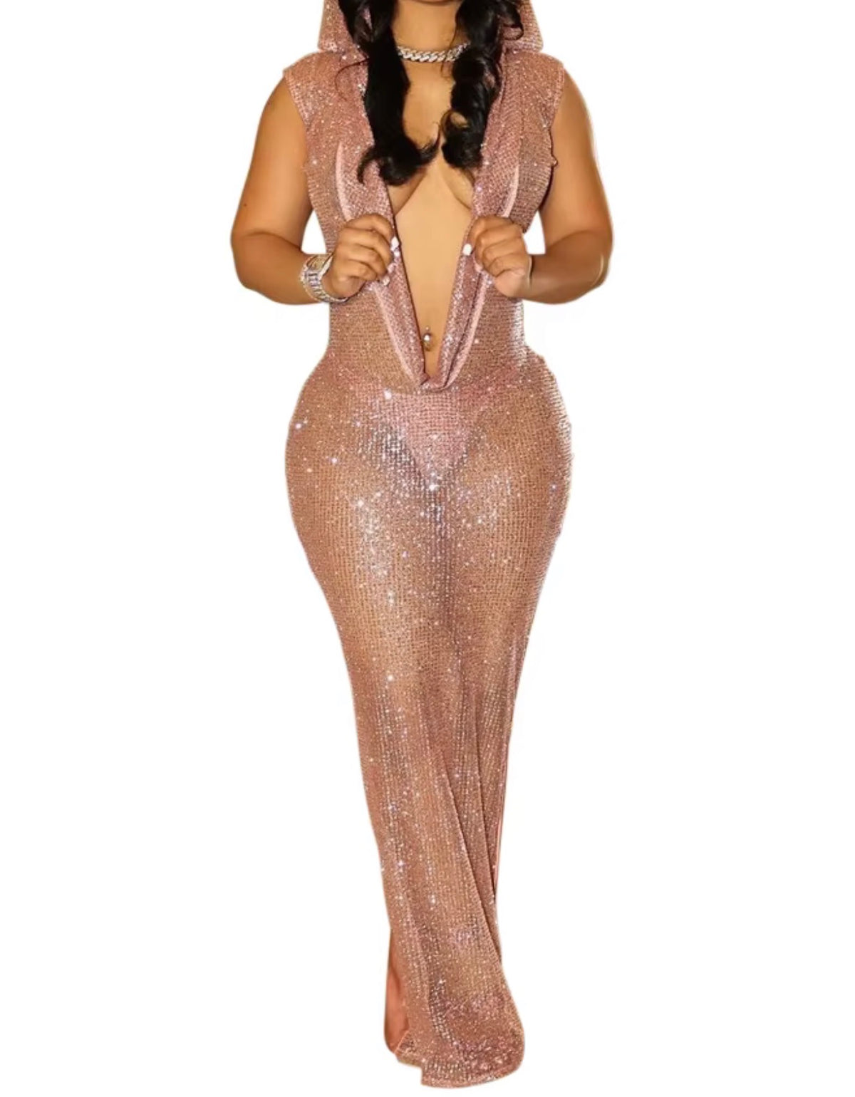 Rose Gold Sparkle Hooded Deep-V Maxi Dress
