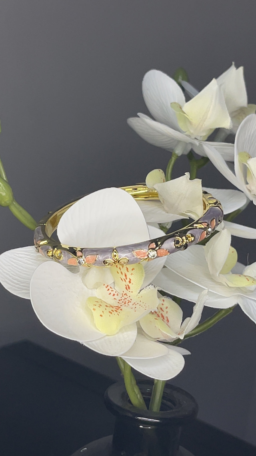 Lavender Floral Enamel Crystal Hinged Bangle