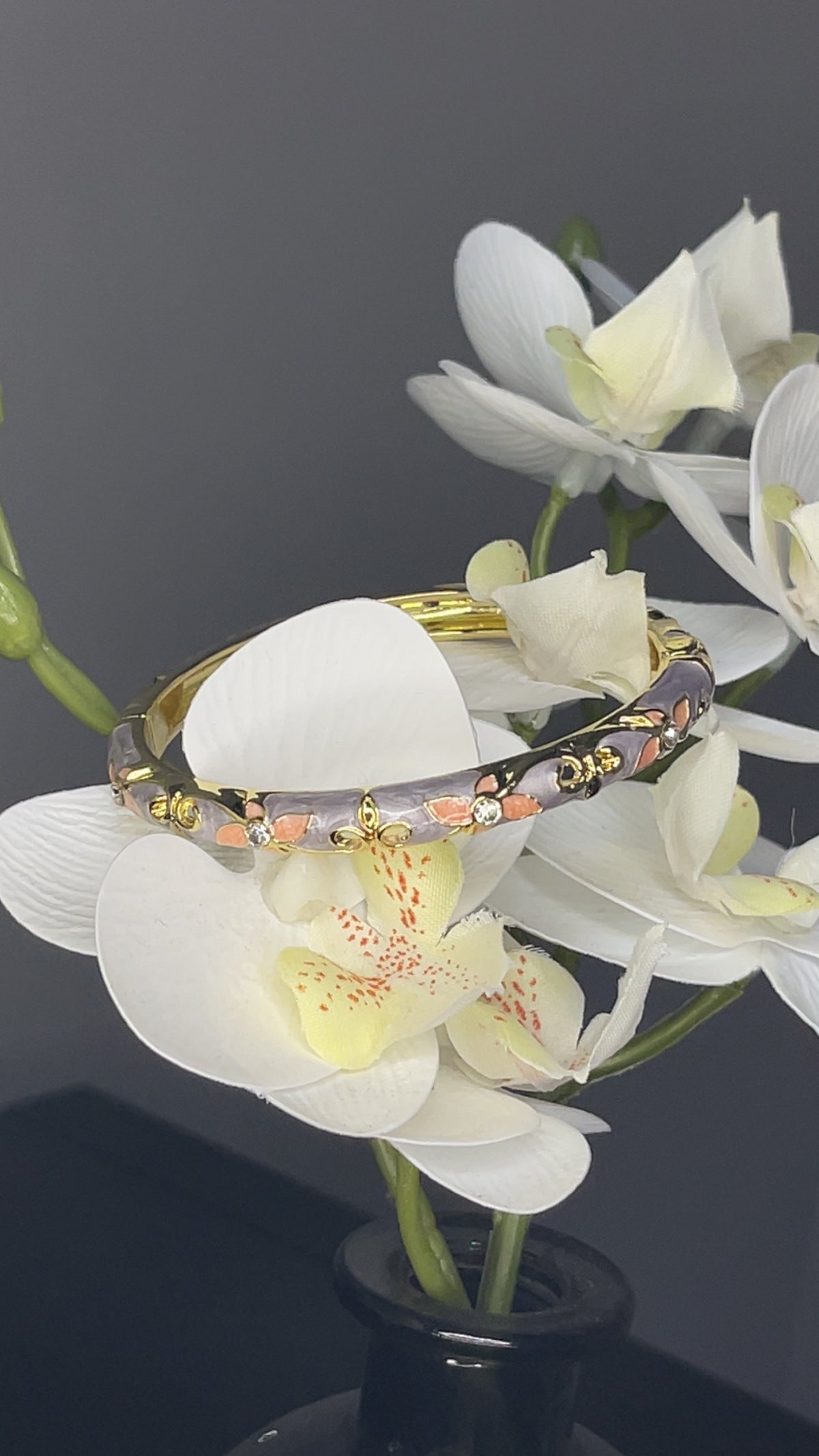 Lavender Floral Enamel Crystal Hinged Bangle