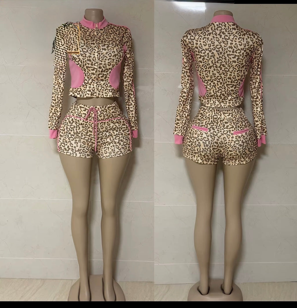 Leopard print crop jacket shorts two piece set