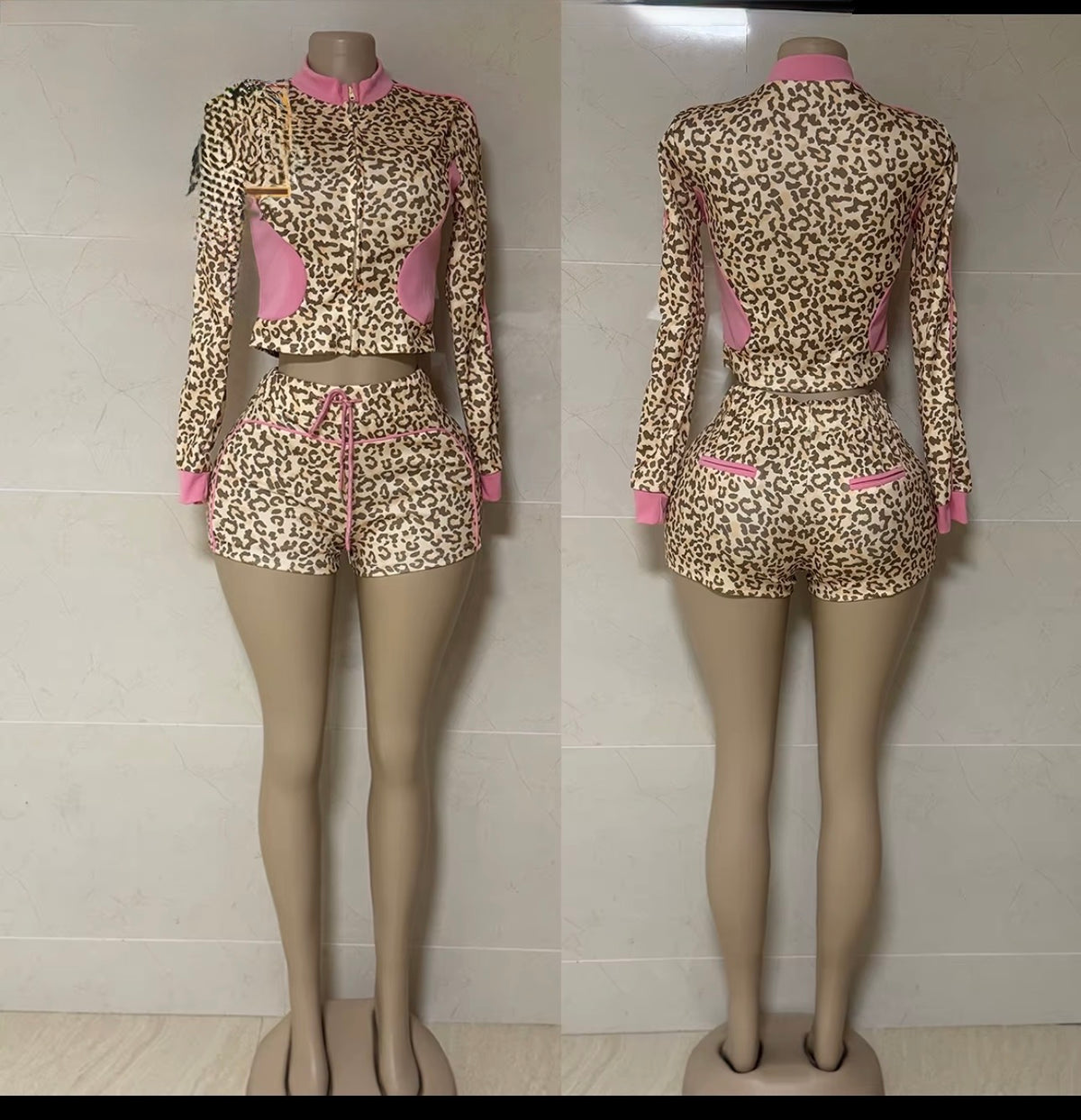 Leopard print crop jacket shorts two piece set
