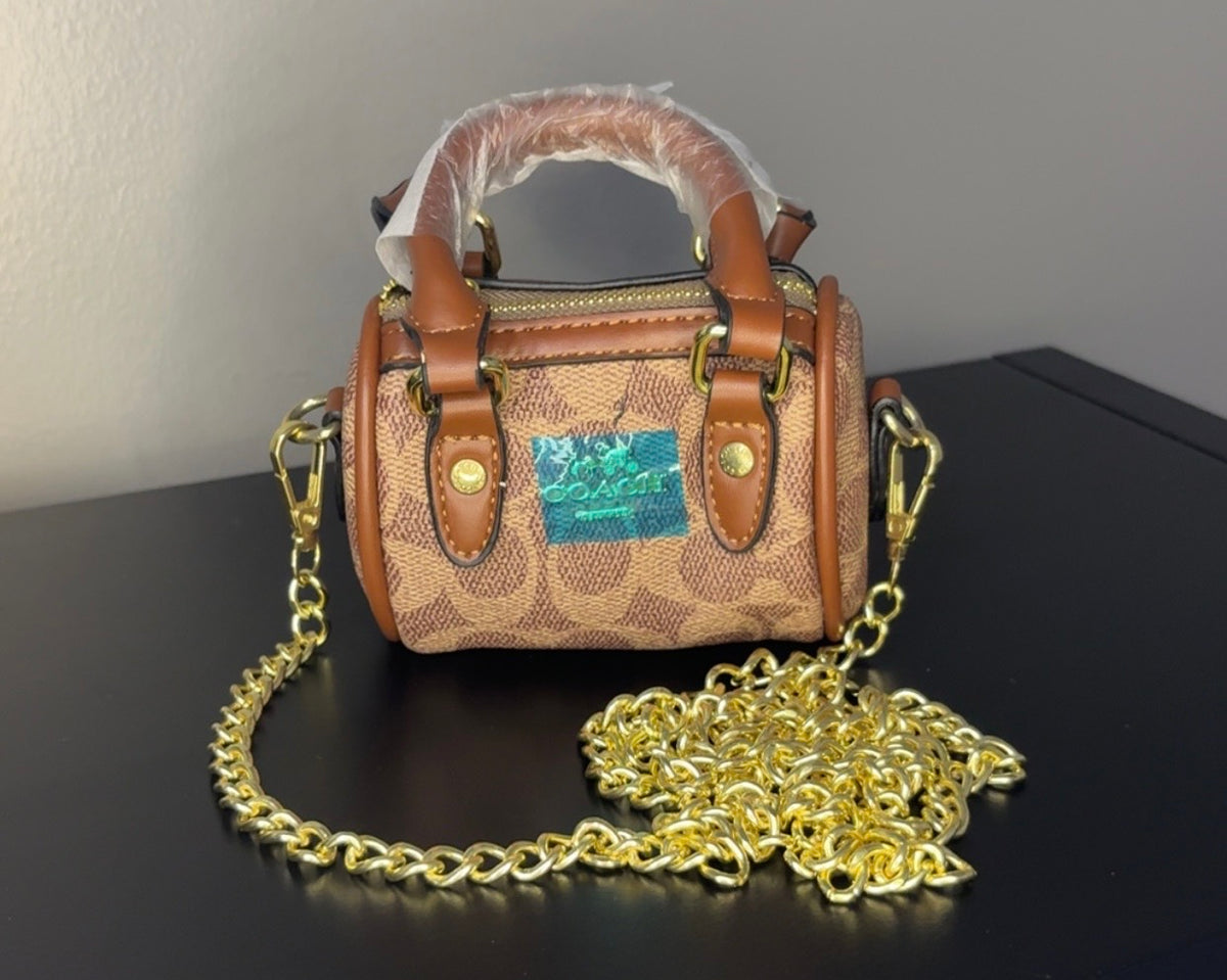 Coach Brown Signature Mini Barrel Bag with Gold Chain