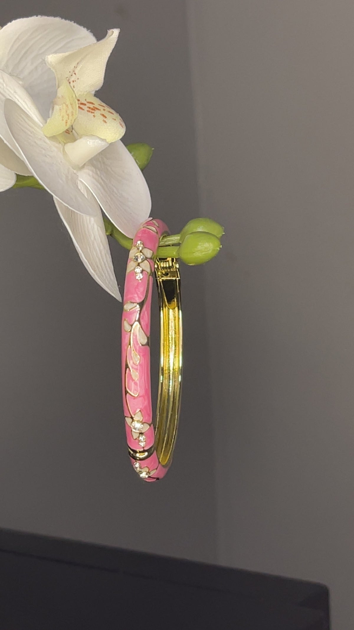 Pink Floral Enamel Crystal Bangle