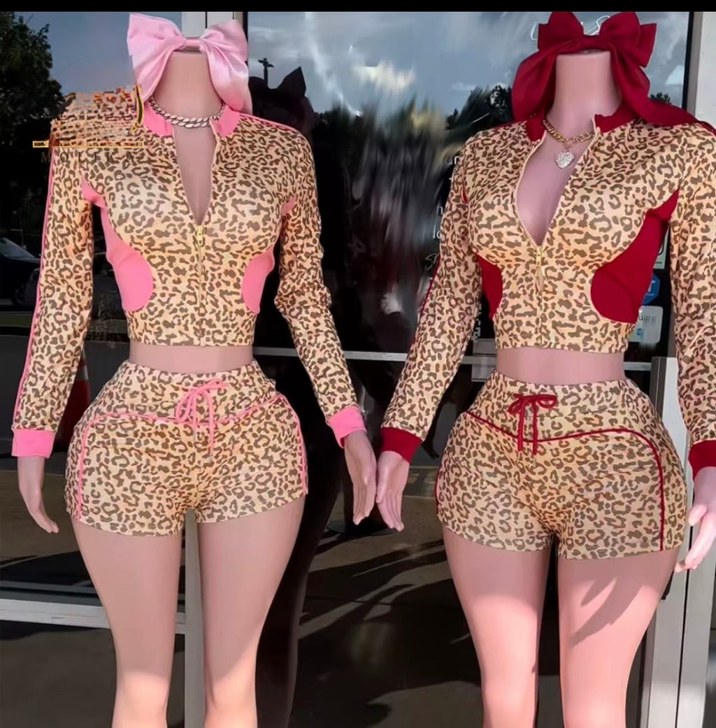 Leopard print crop jacket shorts two piece set