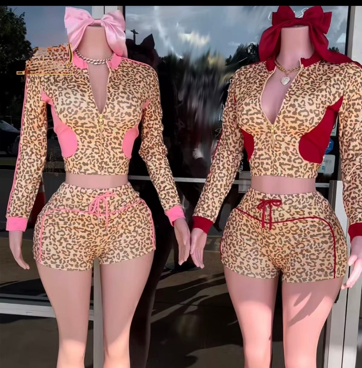 Leopard print crop jacket shorts two piece set