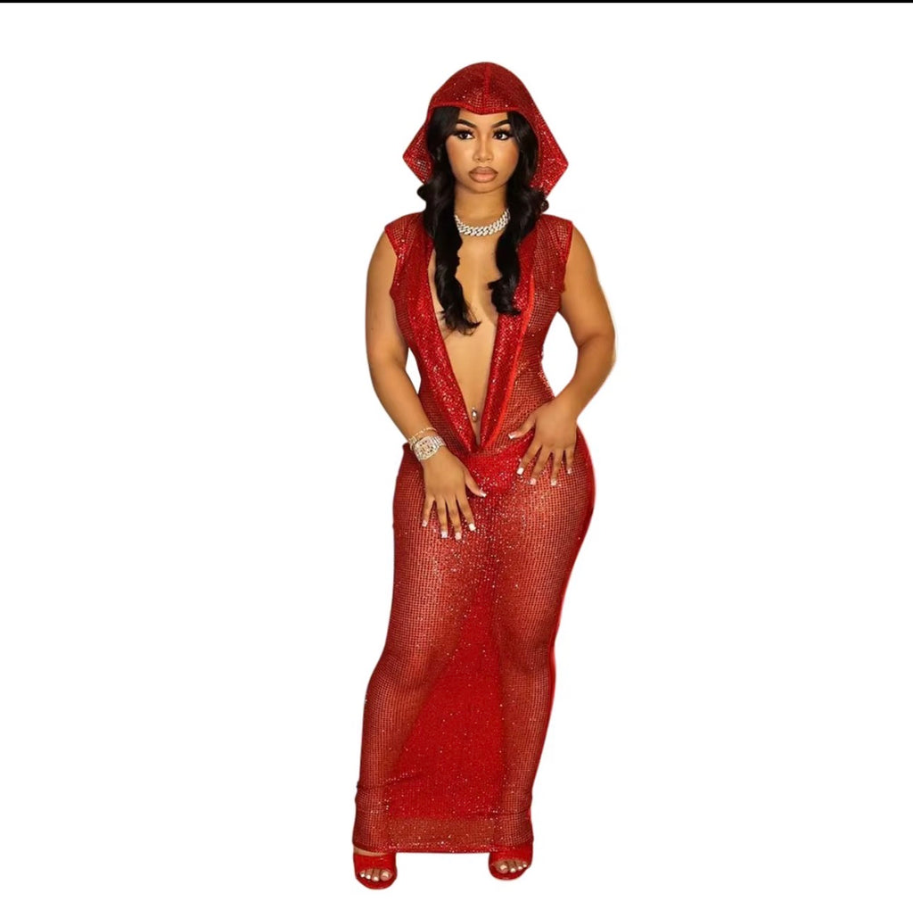 Red Velvet Glam Hooded Bodycon Maxi Dress