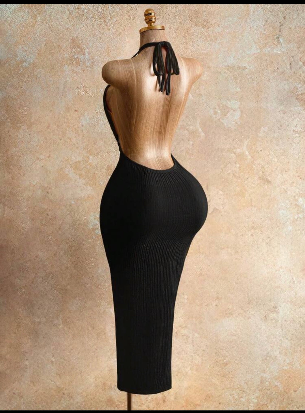 Midnight Elegance Ribbed Halter Open-Waist Maxi Dress