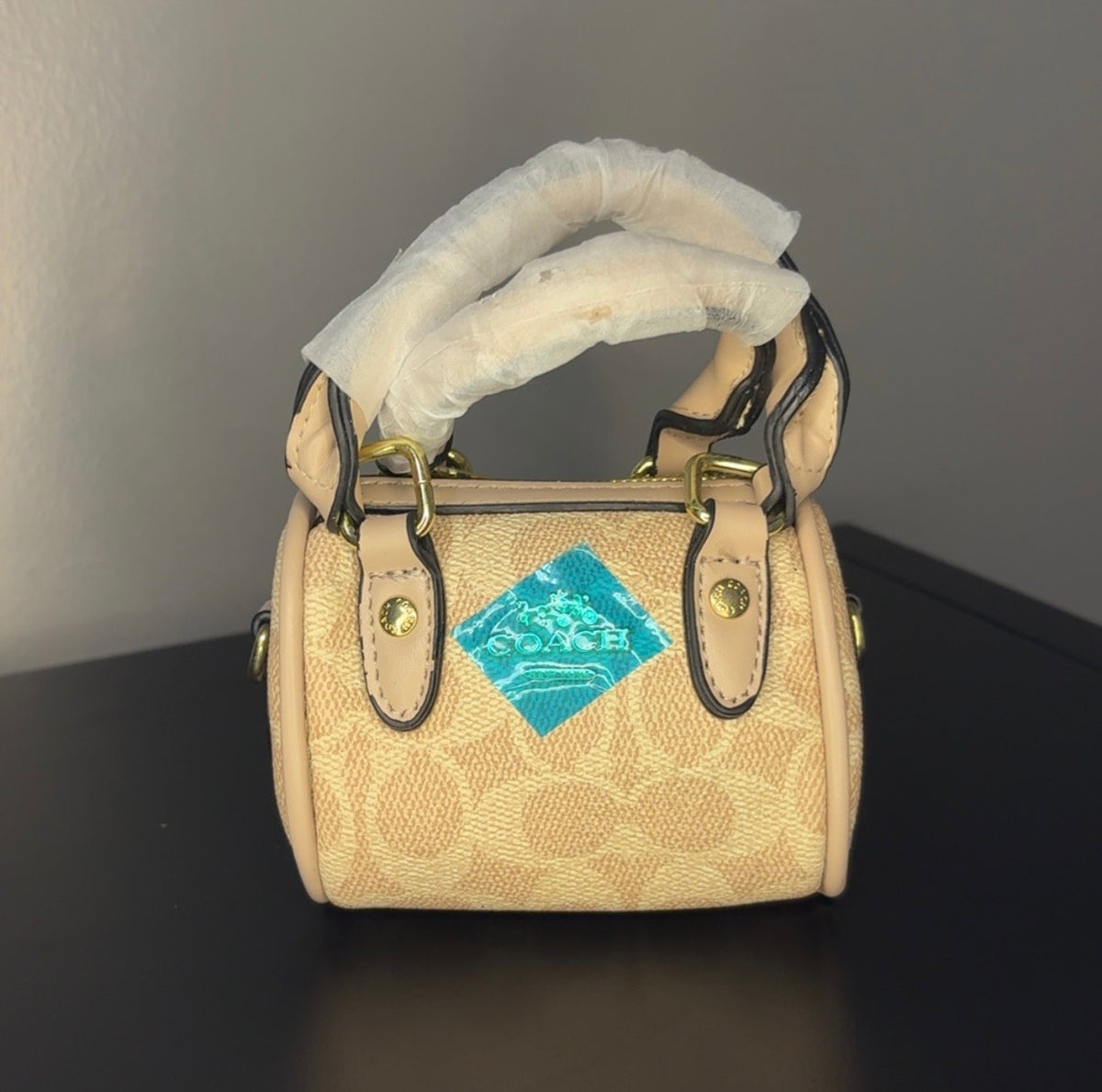 Coach Brown Signature Mini Barrel Bag with Gold Chain