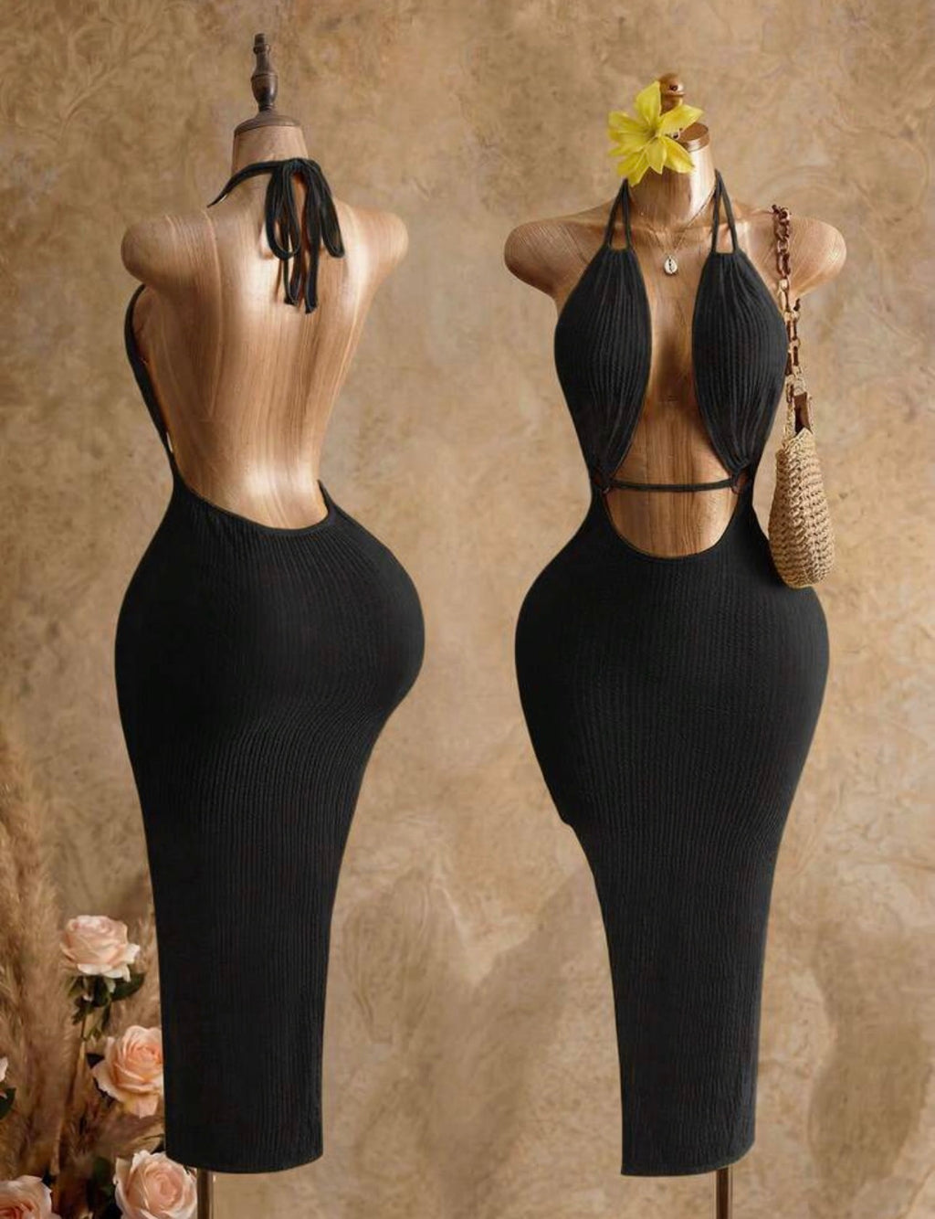 Midnight Elegance Ribbed Halter Open-Waist Maxi Dress