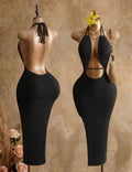 Midnight Elegance Ribbed Halter Open-Waist Maxi Dress