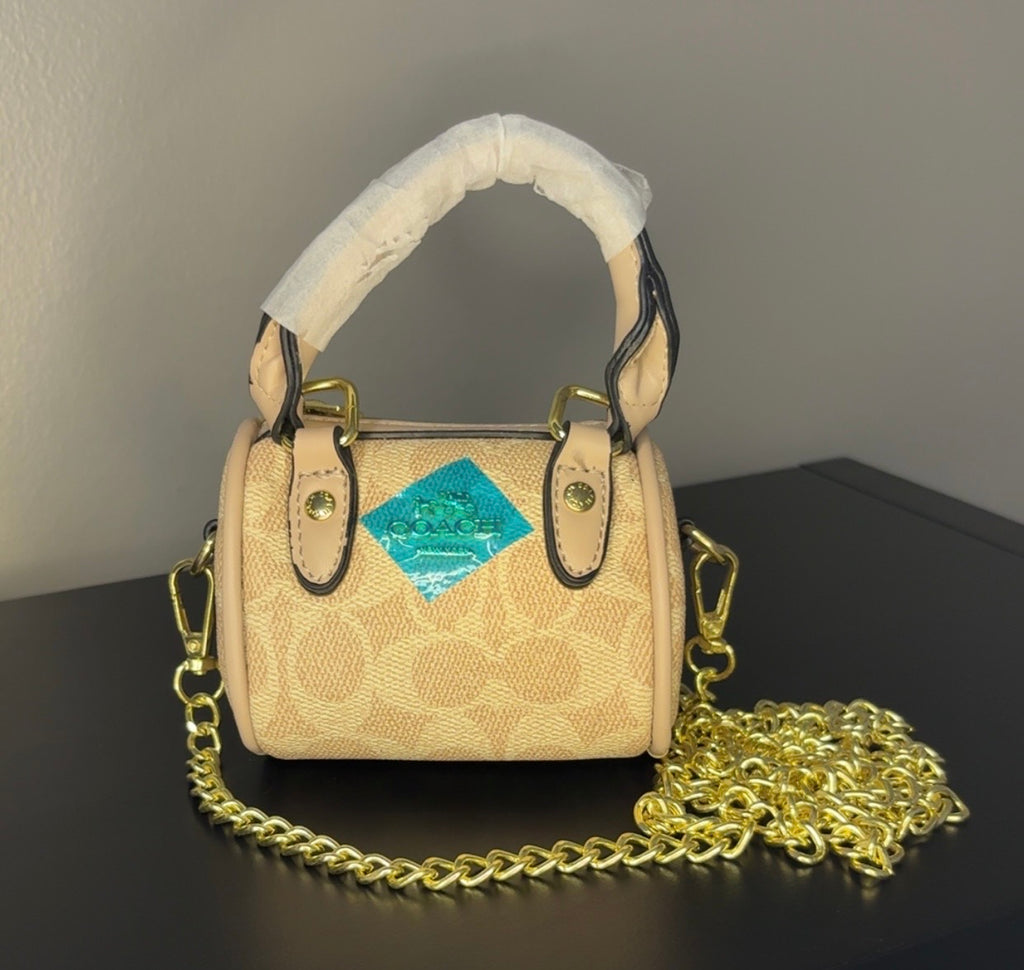 Coach Brown Signature Mini Barrel Bag with Gold Chain