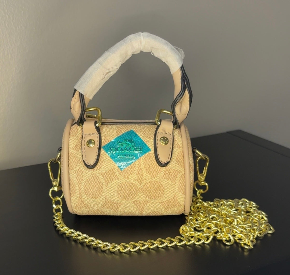Coach Brown Signature Mini Barrel Bag with Gold Chain
