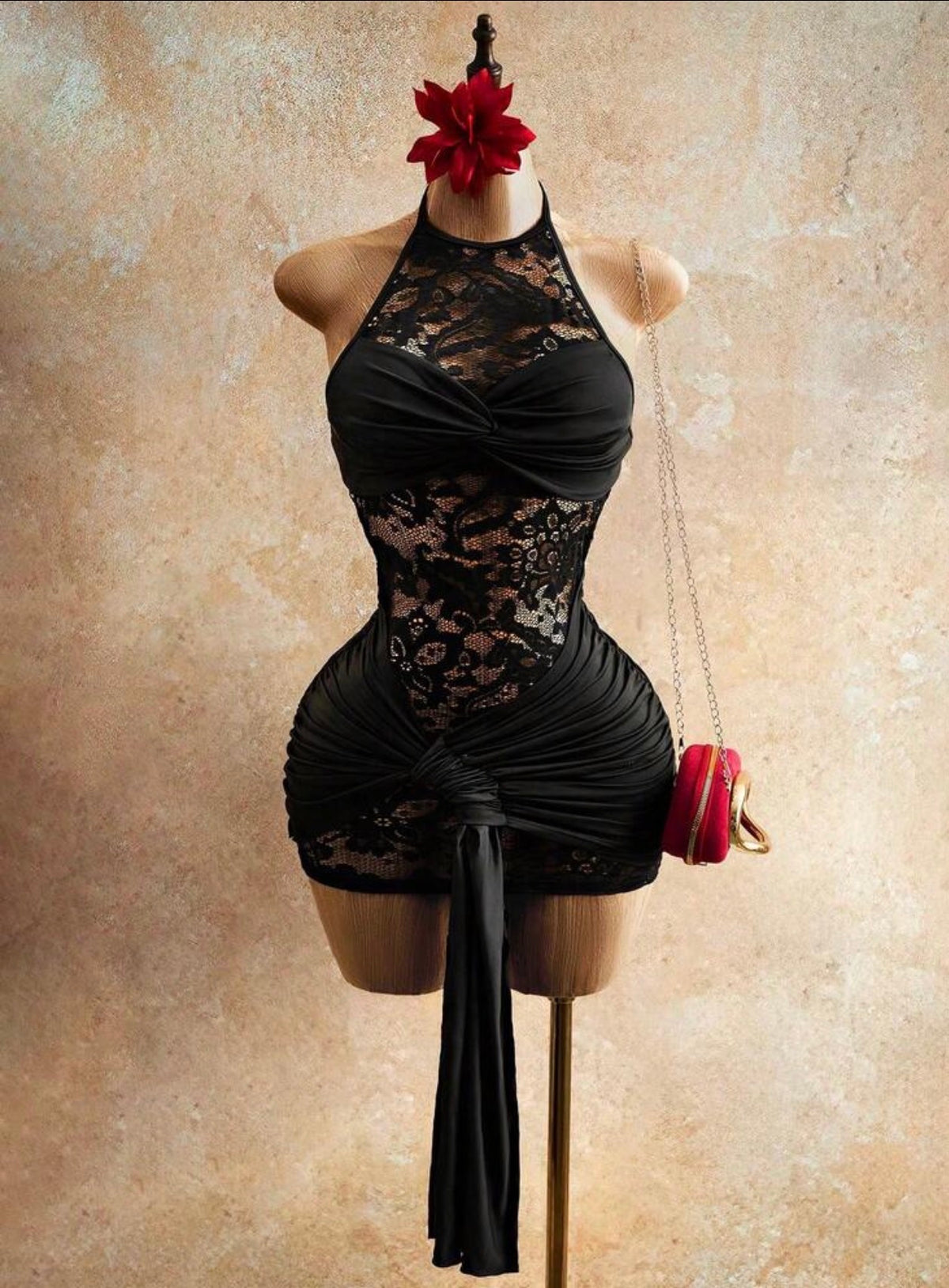 Midnight Lace Halter Mini Dress