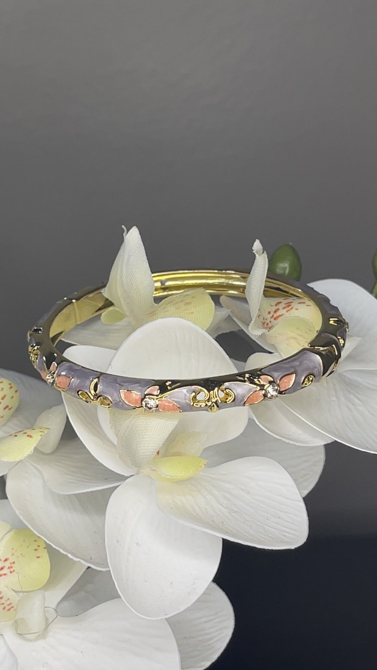 Lavender Floral Enamel Crystal Hinged Bangle