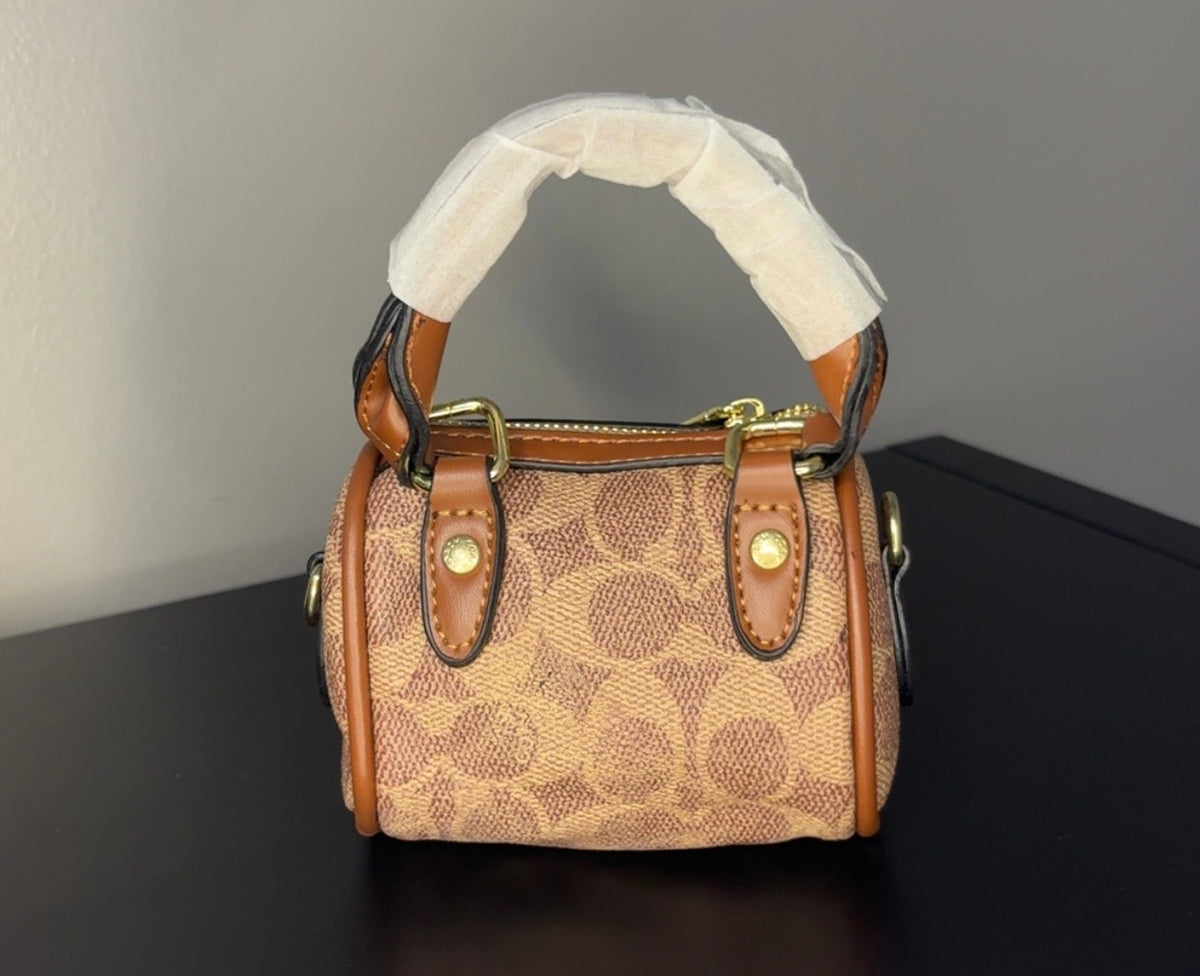 Coach Brown Signature Mini Barrel Bag with Gold Chain