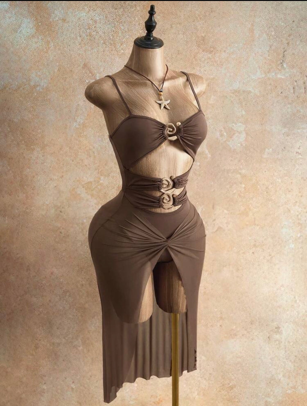 Mocha Cutout Bodycon Mesh Midi Dress