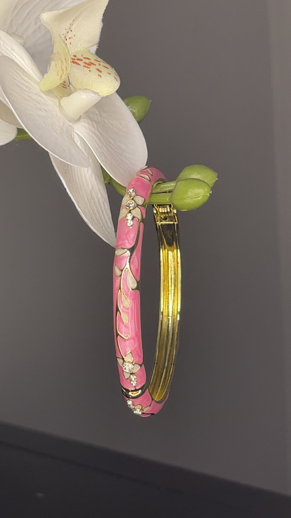 Pink Floral Enamel Crystal Bangle