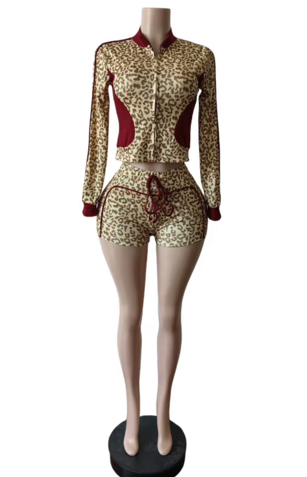 Leopard print crop jacket shorts two piece set