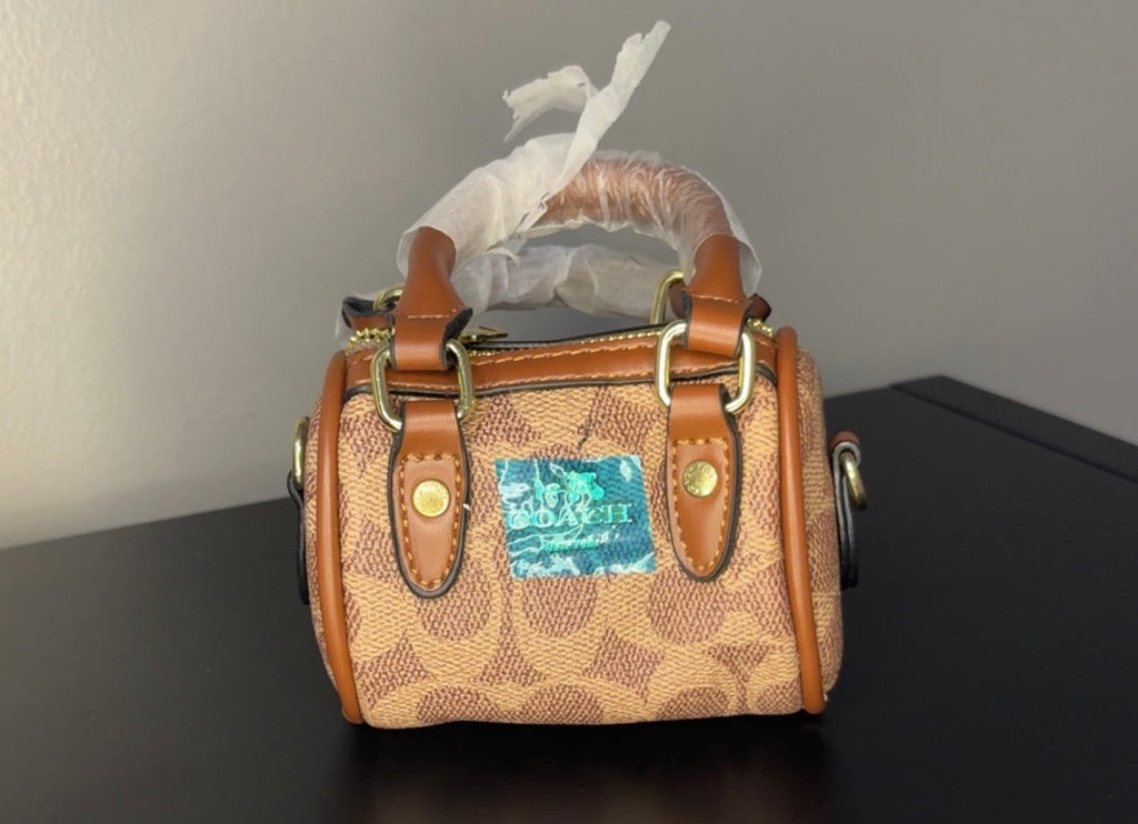 Coach Brown Signature Mini Barrel Bag with Gold Chain
