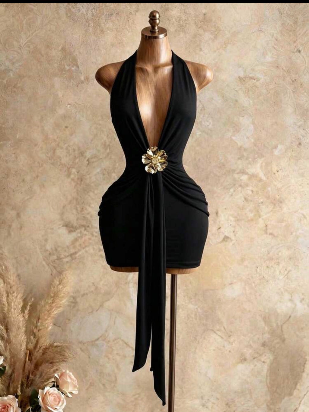 Luxe Bloom Deep-V Halter Ruched Mini Dress