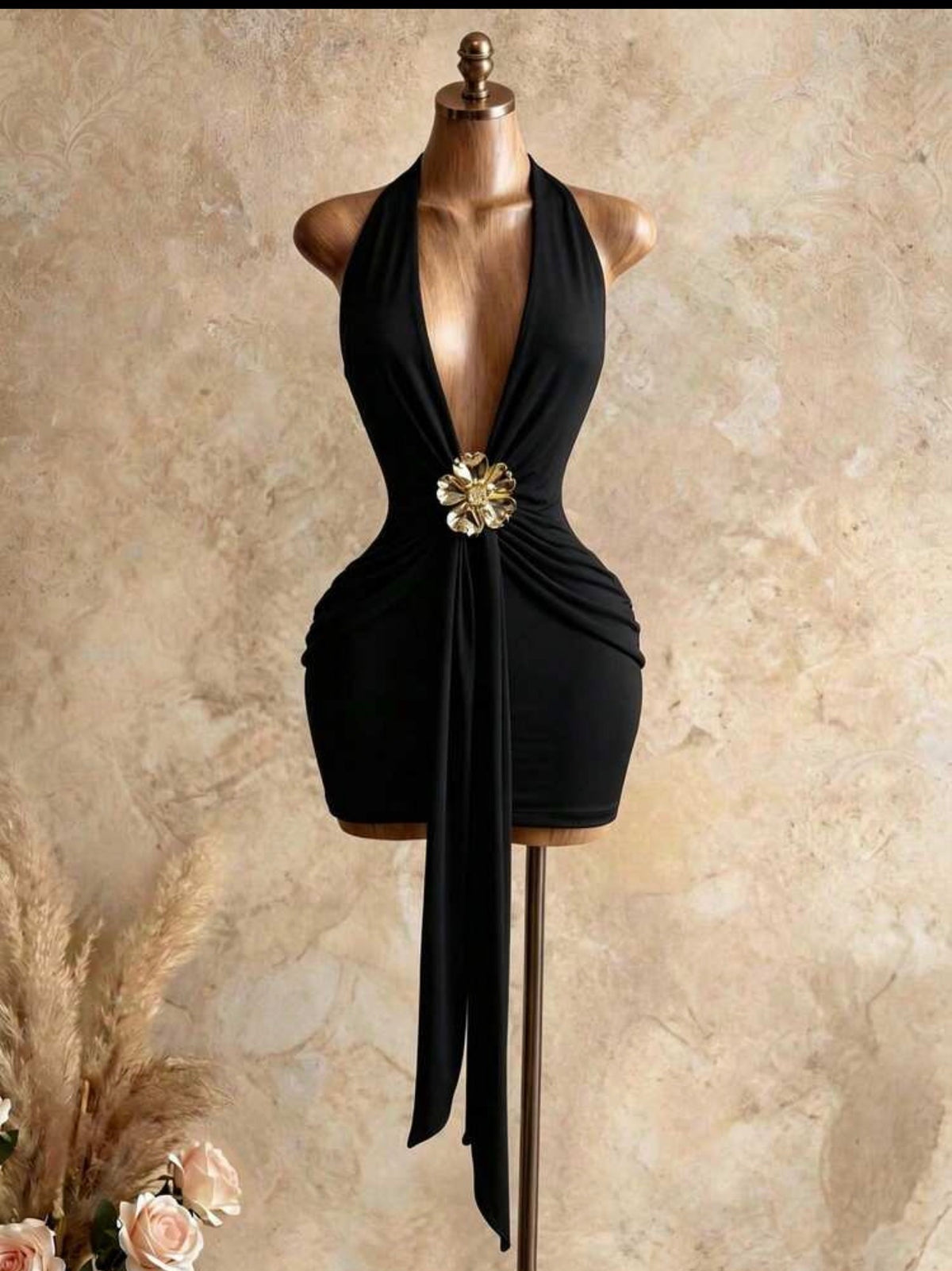 Luxe Bloom Deep-V Halter Ruched Mini Dress