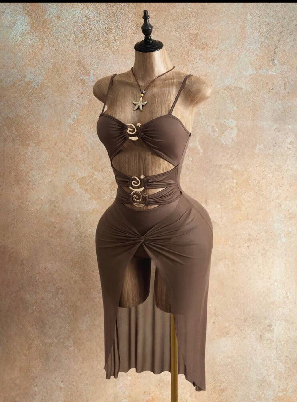 Mocha Cutout Bodycon Mesh Midi Dress