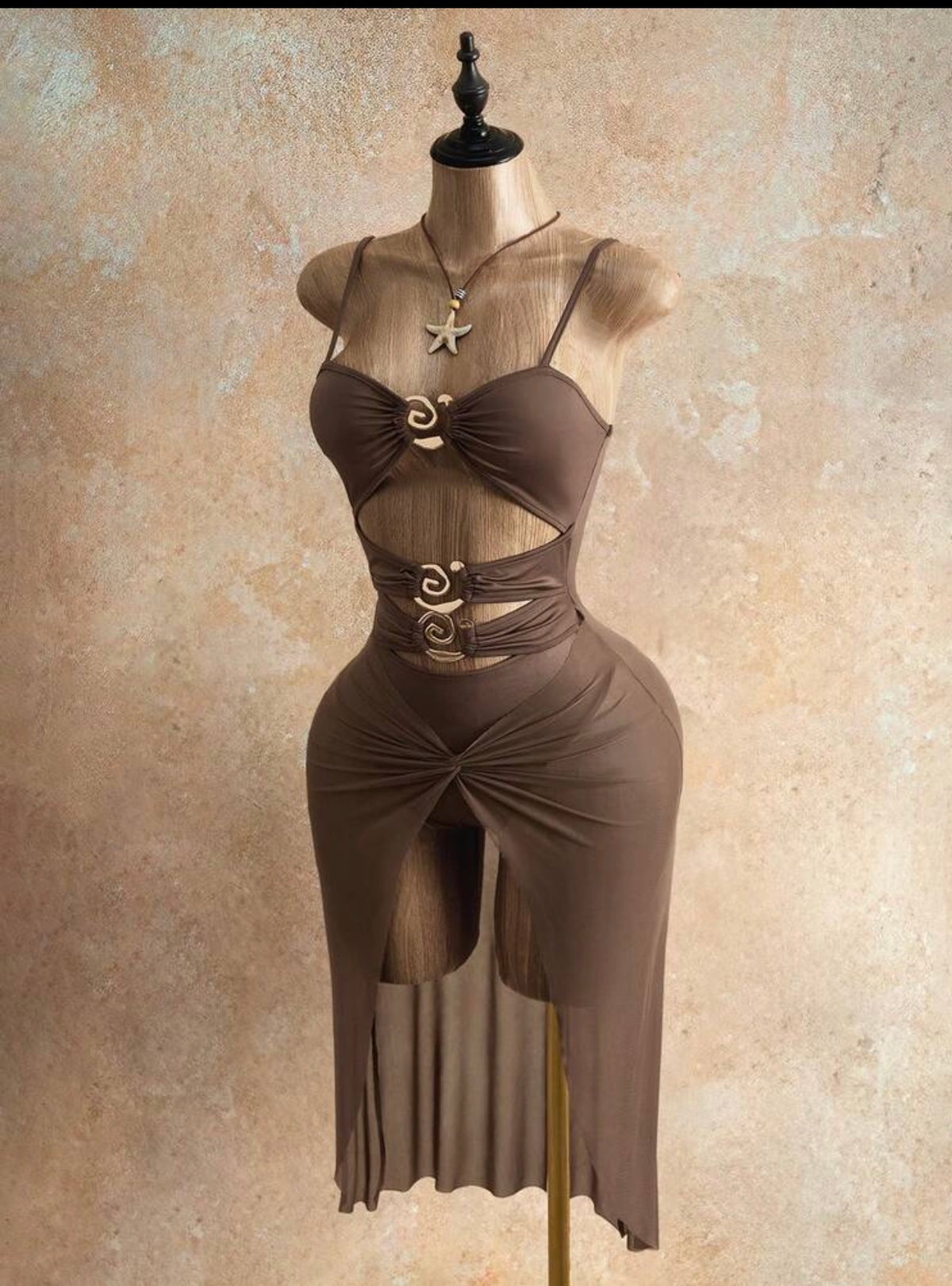Mocha Cutout Bodycon Mesh Midi Dress