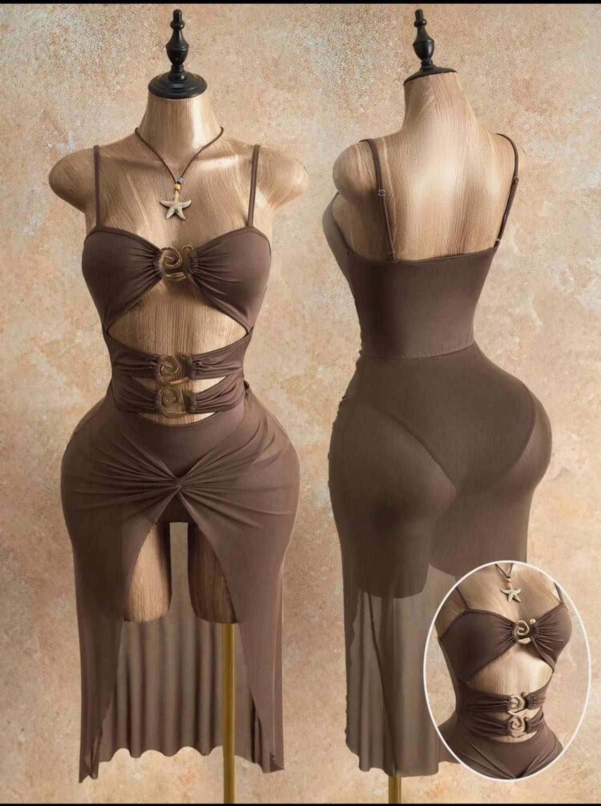 Mocha Cutout Bodycon Mesh Midi Dress