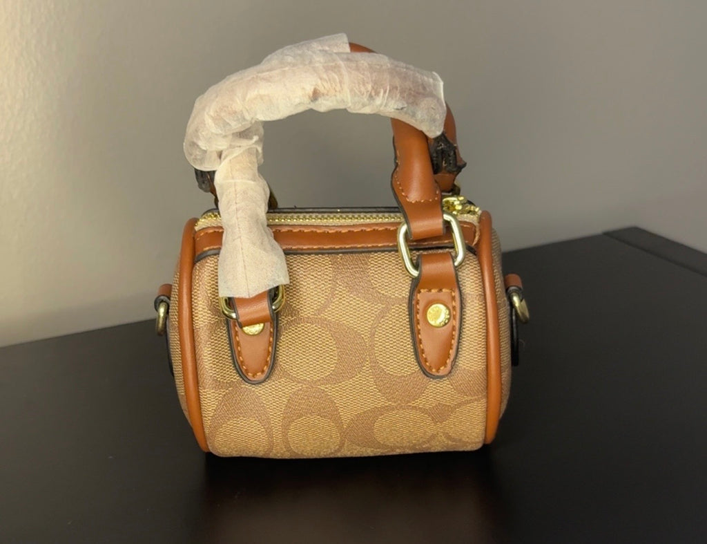 Coach Brown Signature Mini Barrel Bag with Gold Chain