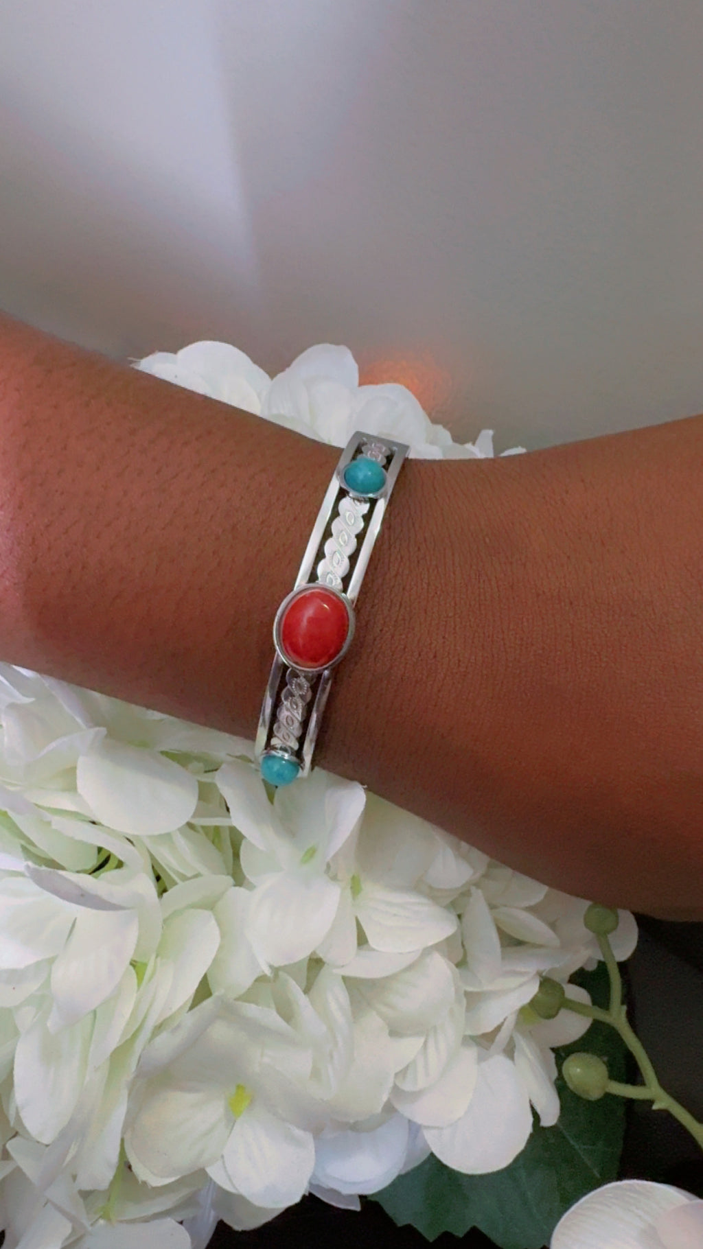 Silver-Tone Bracelet with Red & Turquoise Stones