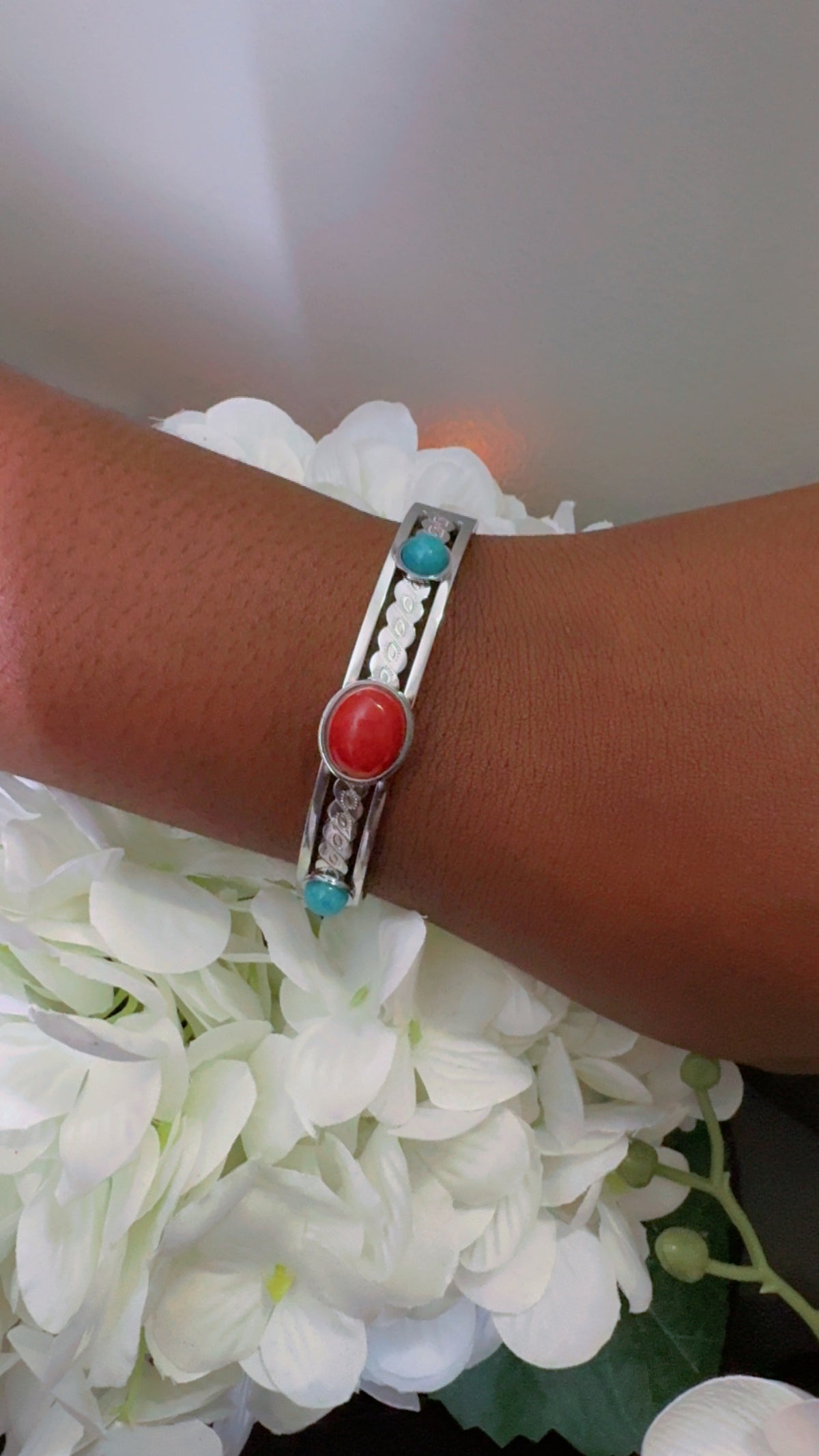 Silver-Tone Bracelet with Red & Turquoise Stones