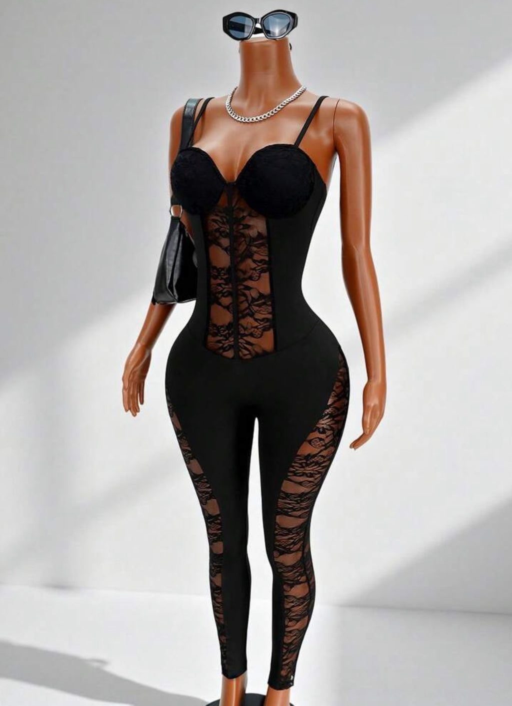 Noir Lace Patchwork Slim-Leg Jumpsuit