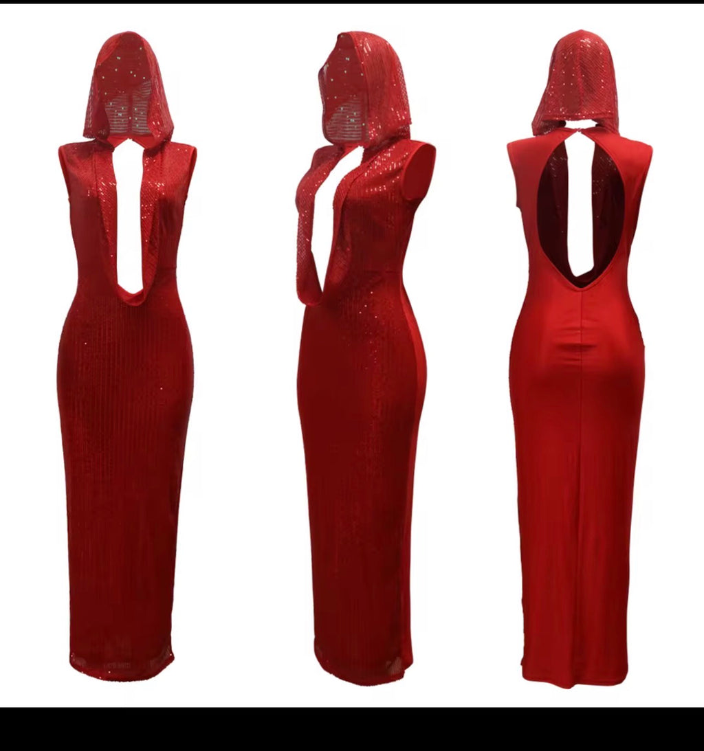 Red Velvet Glam Hooded Bodycon Maxi Dress