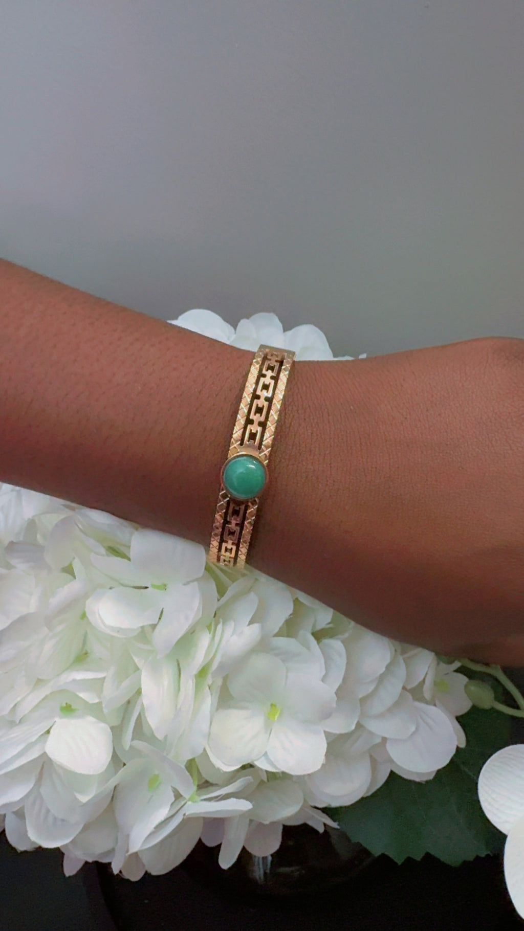 Gold Cuff Bracelet with Green Stone