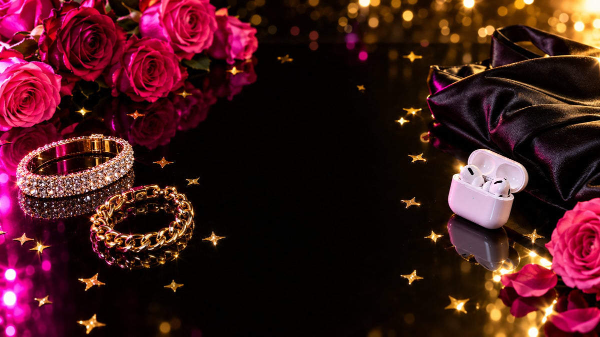 Bracelets, earbuds and roses on black with gold sparkles